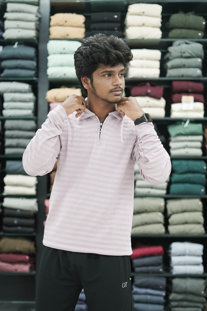 Men's Full Sleeve Striped T-Shirt with Zipper Collar - Pink