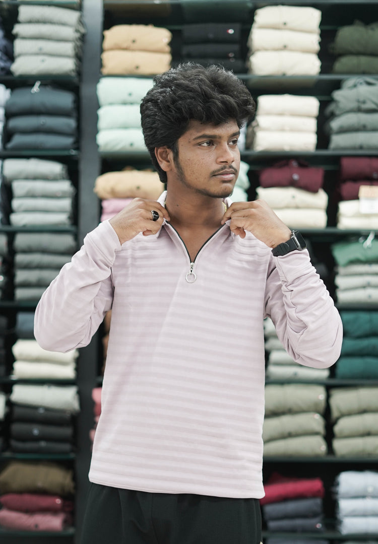 Men's Full Sleeve Striped T-Shirt with Zipper Collar - Pink