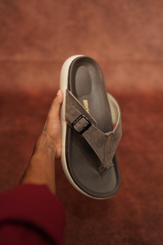 Men’s Grey T Strip Leather Buckle Sandals with Brown Sole – Stylish & Comfortable-7 Man