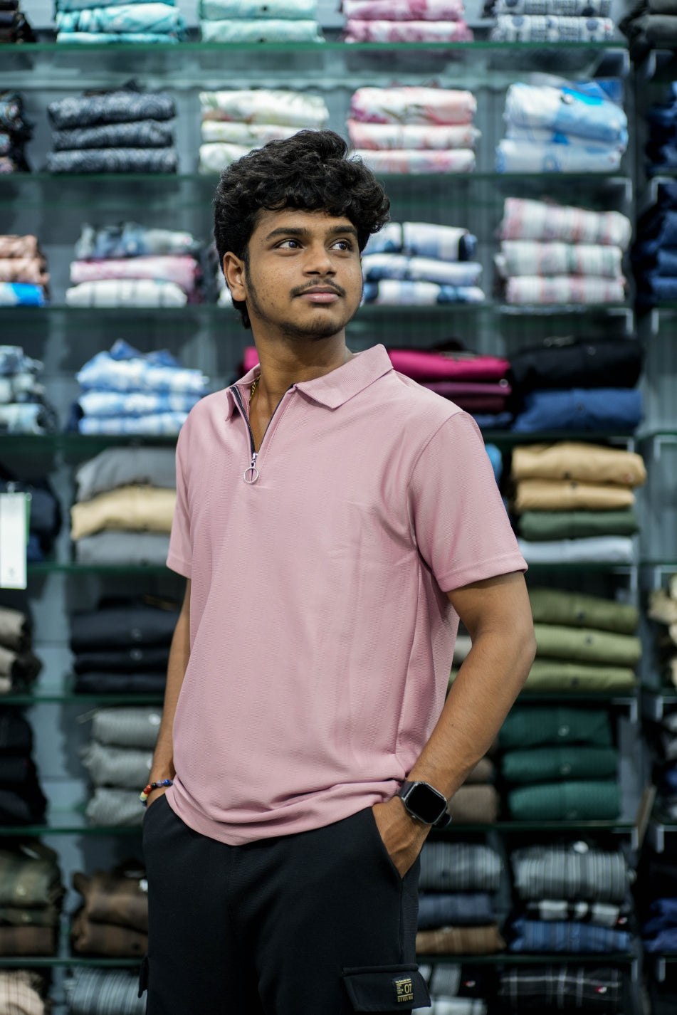 Mens Half Sleeve Zipper Collar T-Shirt – Minimalist Street Style - Pink-7 Man