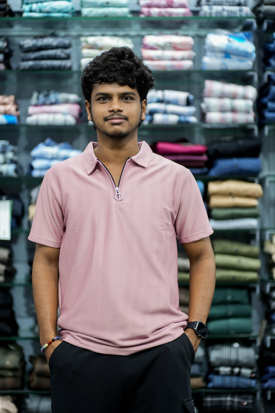 Mens Half Sleeve Zipper Collar T-Shirt – Minimalist Street Style - Pink-7 Man
