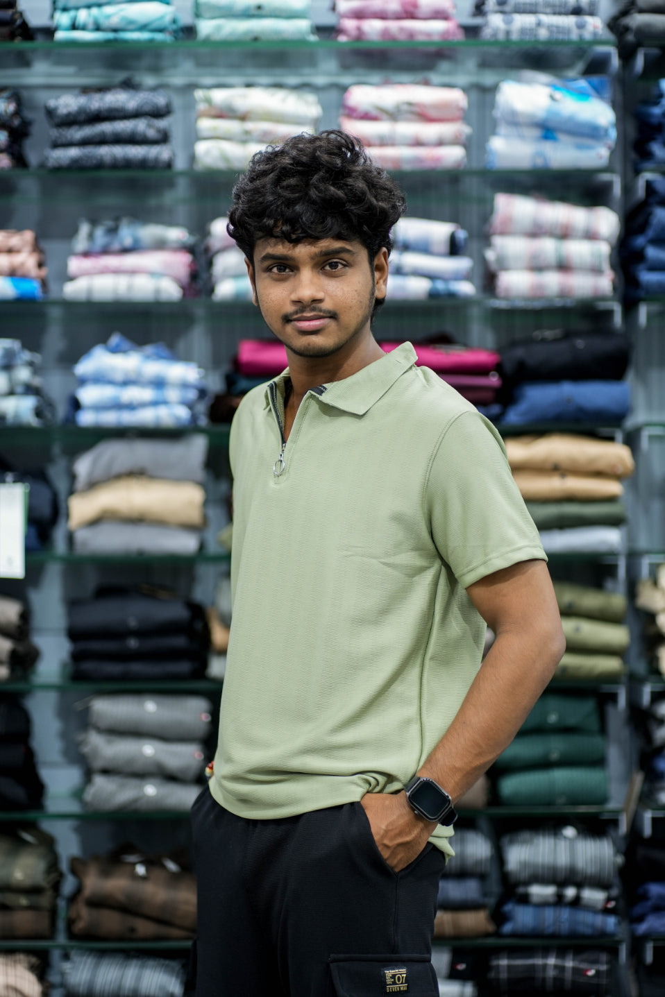 Mens Half Sleeve Zipper Collar T-Shirt – Minimalist Street Style - Pista Green-7 Man