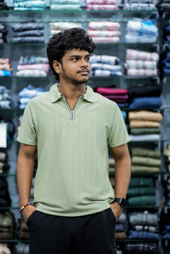 Mens Half Sleeve Zipper Collar T-Shirt – Minimalist Street Style - Pista Green-7 Man