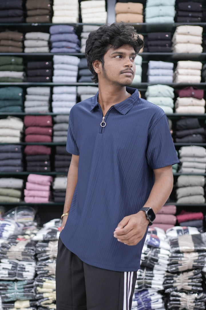 Men's Short Sleeve Striped Korean T-Shirt with Zipper Collar - Navy Blue