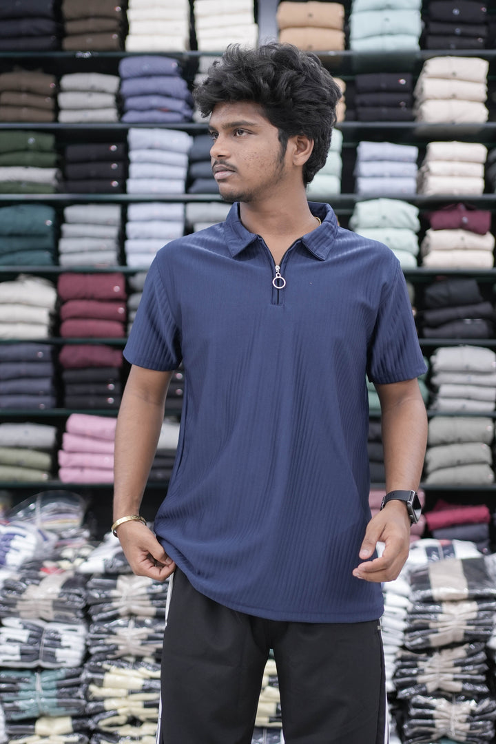 Men's Short Sleeve Striped Korean T-Shirt with Zipper Collar - Navy Blue