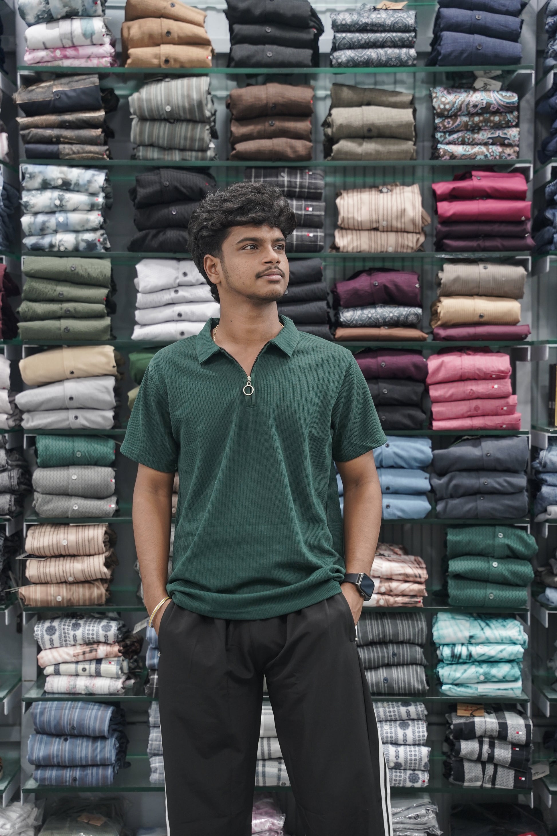 Men's Short Sleeve Solid Soft Waffle Korean T-Shirt with Zipper Collar - Bottle Green-7 Man