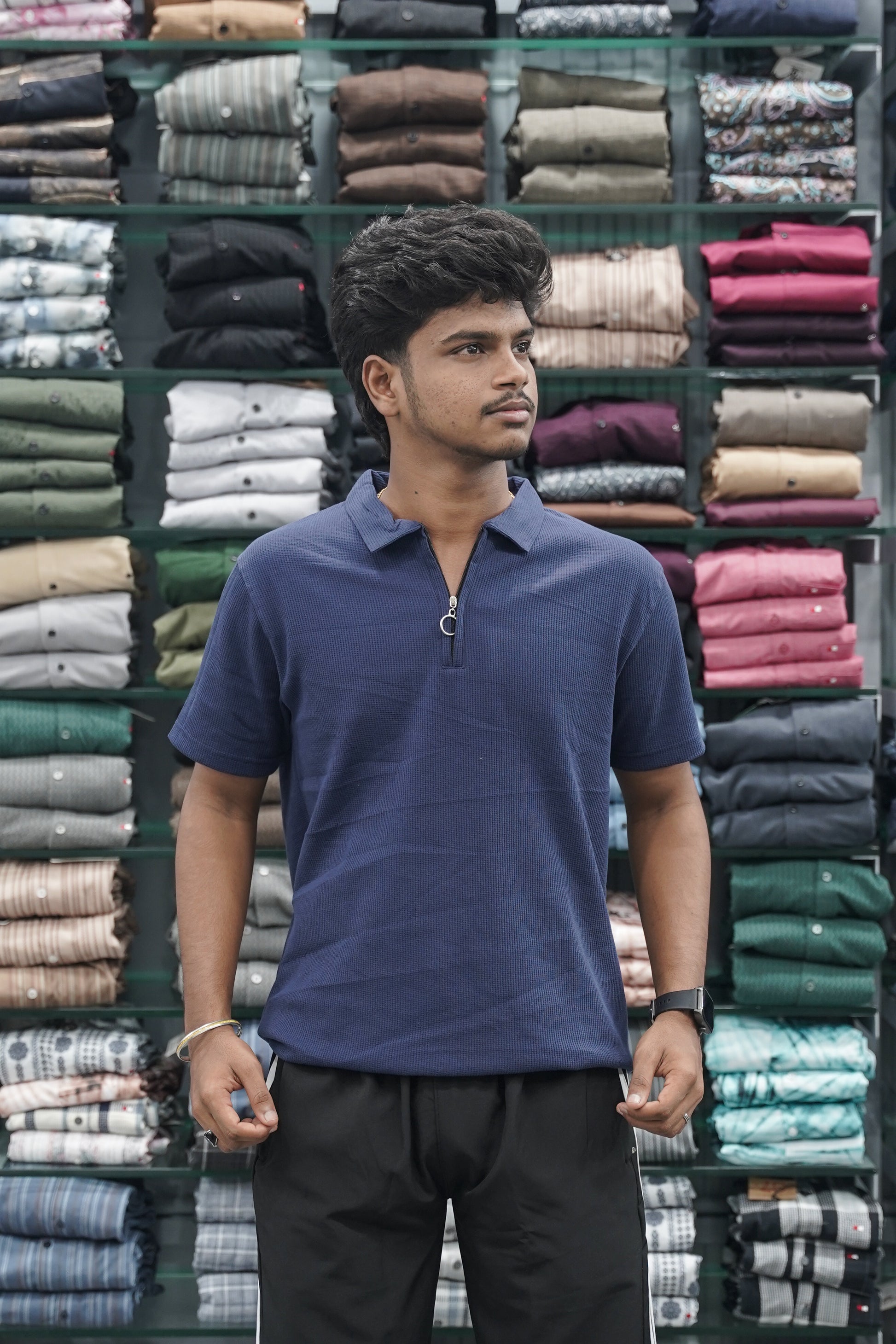 Men's Short Sleeve Solid Soft Waffle Korean T-Shirt with Zipper Collar - Navy Blue-7 Man