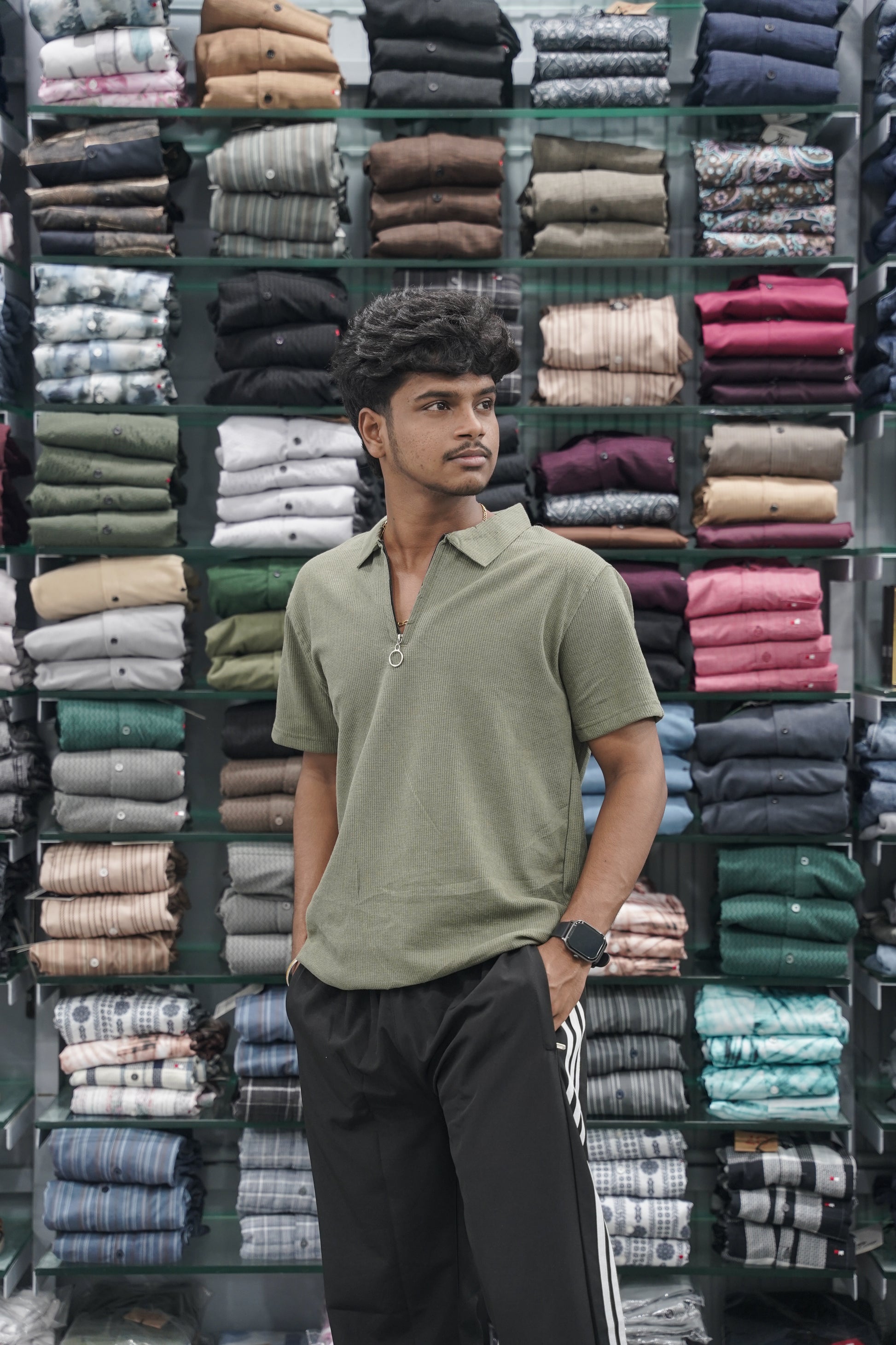 Men's Short Sleeve Solid Soft Waffle Korean T-Shirt with Zipper Collar - Pista Green-7 Man