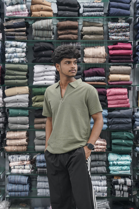 Men's Short Sleeve Solid Soft Waffle Korean T-Shirt with Zipper Collar - Pista Green-7 Man