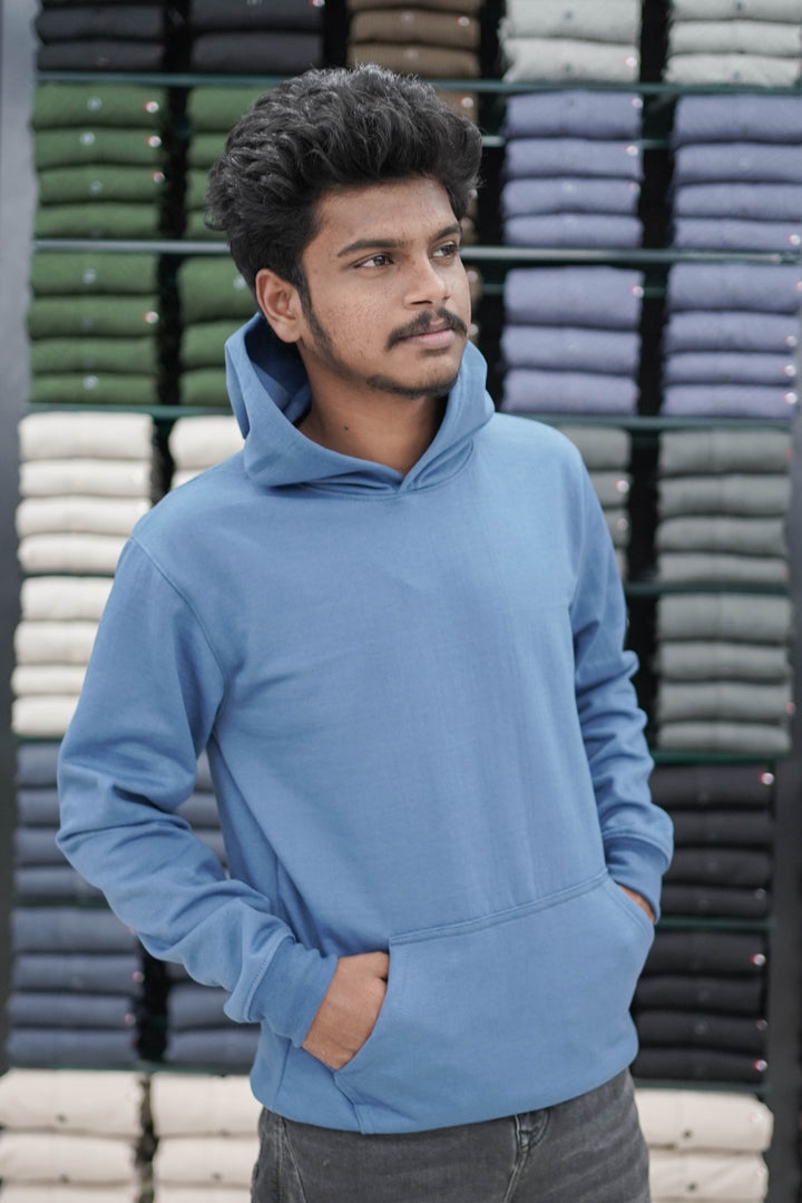 Men's Stylish Plain Full Sleeve Hoodie - Light Blue