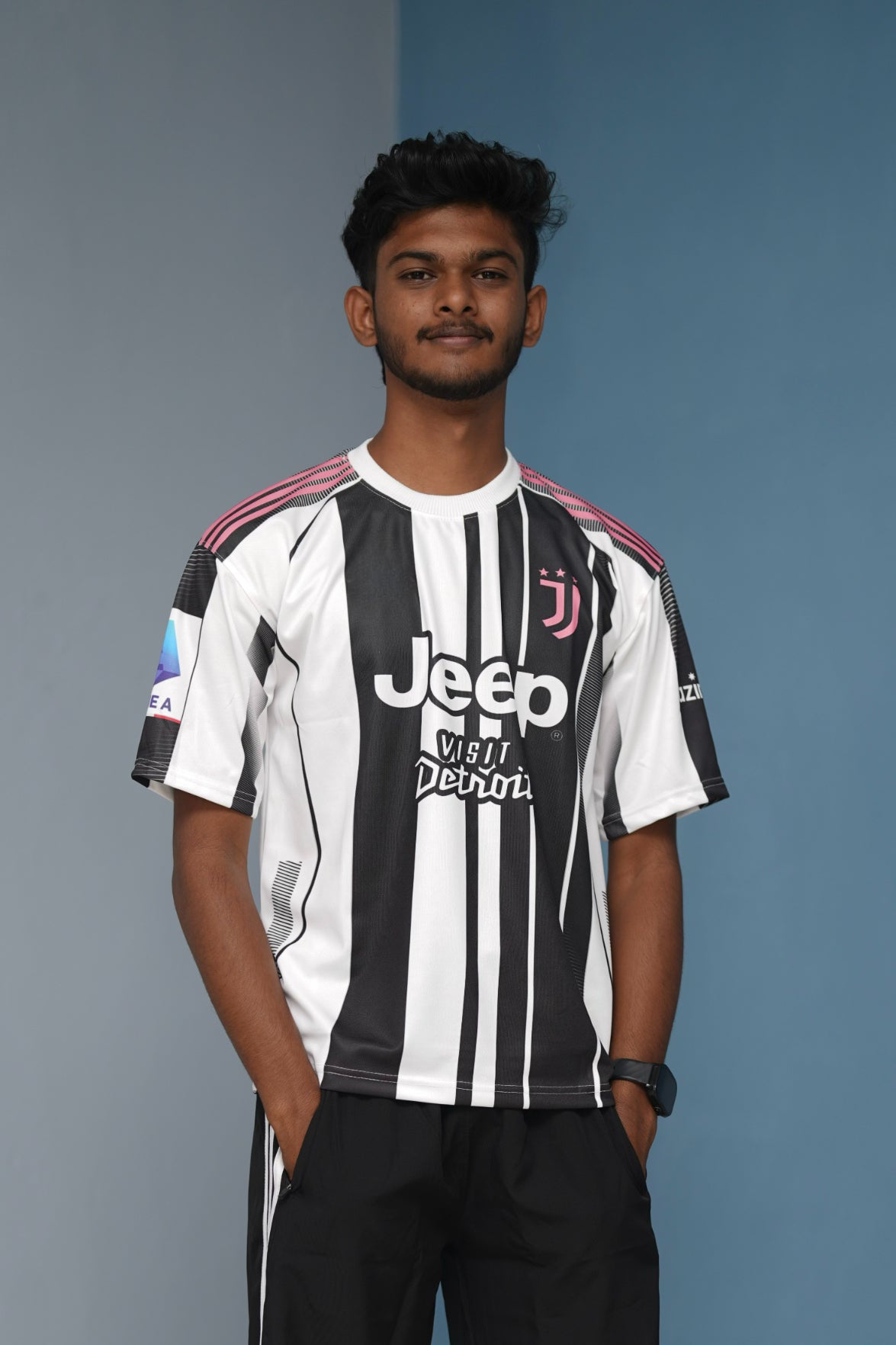 Five Sleeve Round Neck Vlahovic Printed Tshirt for men - White & Black With Pink Piping