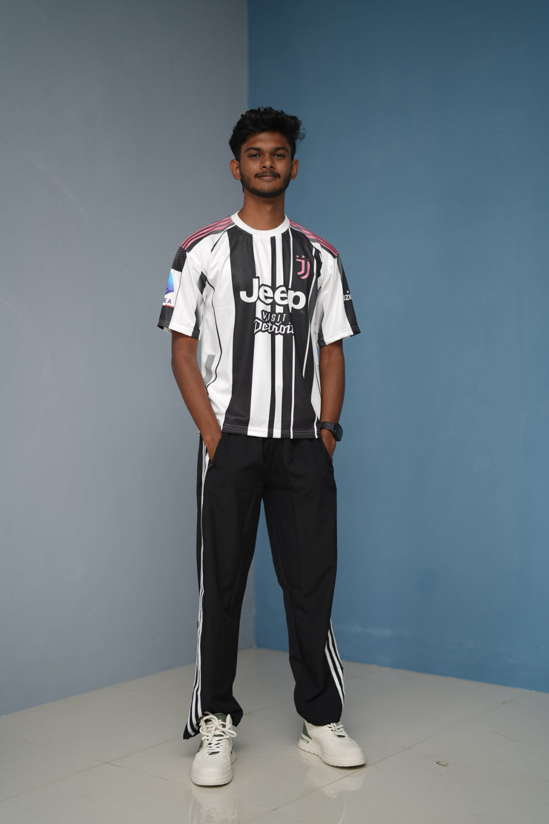 Five Sleeve Round Neck Vlahovic Printed Tshirt for men - White & Black With Pink Piping