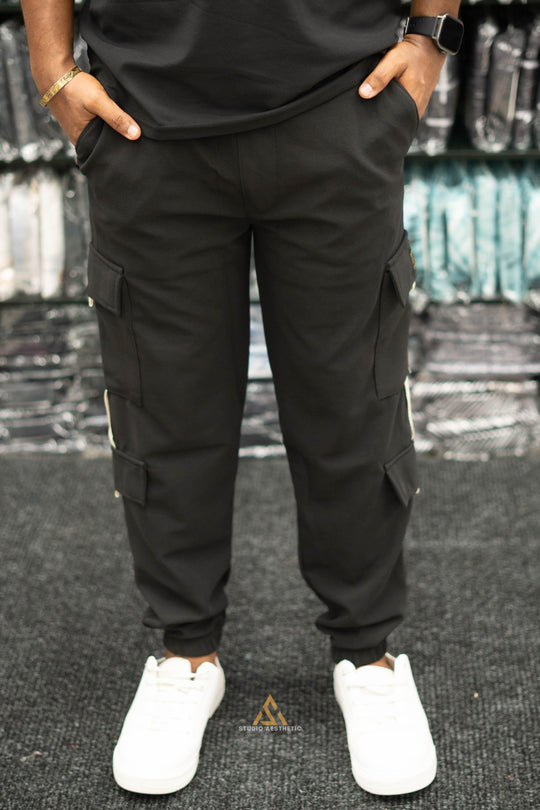 Regular Fit Mens New Tape Cargo Track Pant - BLACK