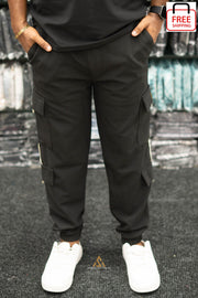Regular Fit Mens New Tape Cargo Track Pant - BLACK-7 Man