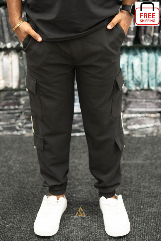 Regular Fit Mens New Tape Cargo Track Pant - BLACK-7 Man