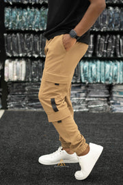 Regular Fit Mens New Tape Cargo Track Pant - Brown-7 Man