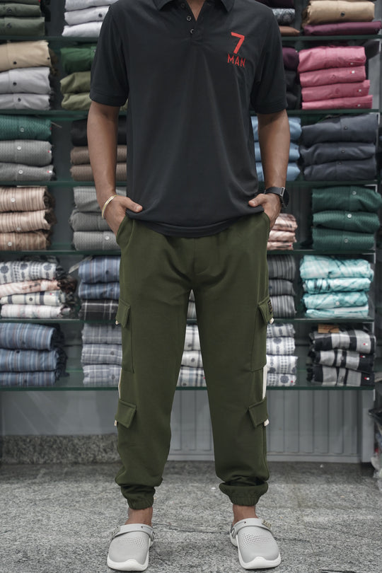 Regular Fit Mens New Tape Cargo Track Pant - Mehandi Green – alternate view – 7MAN India