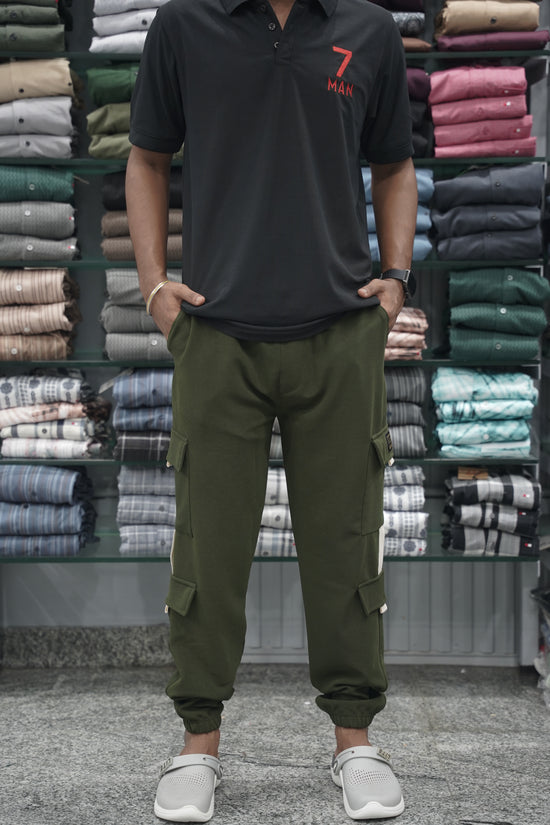 Regular Fit Mens New Tape Cargo Track Pant - Mehandi Green-7 Man