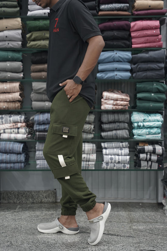 Regular Fit Mens New Tape Cargo Track Pant - Mehandi Green-7 Man