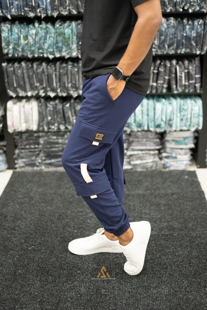 Regular Fit Mens New Tape Cargo Track Pant  Navy Blue mens trending streetwear India 7Man