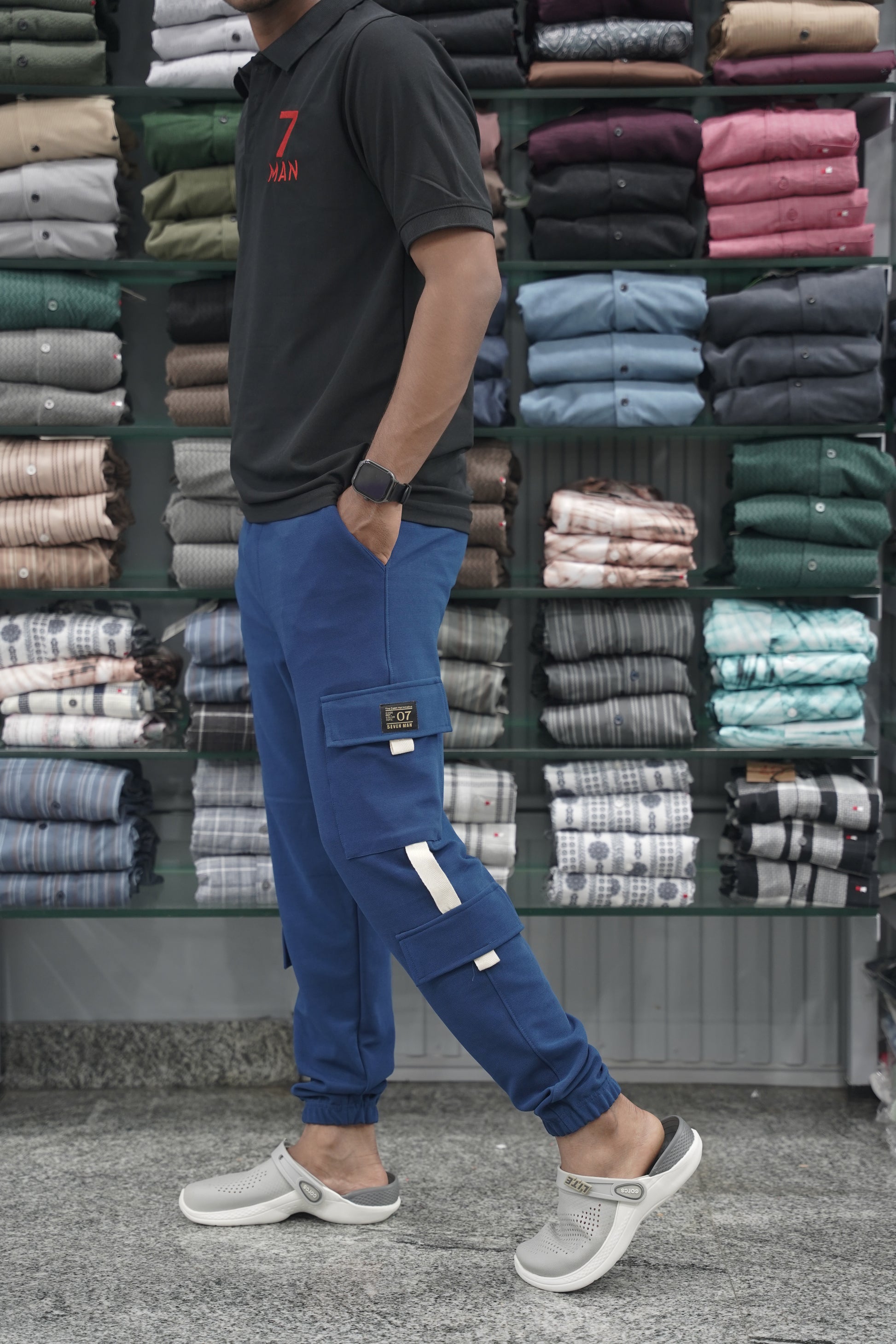 Regular Fit Mens New Tape Cargo Track Pant - Petrol Blue-7 Man