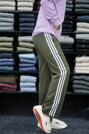 Men's Mehandi Green Triple-Stripe Track Pants – Sporty & Stylish Comfort