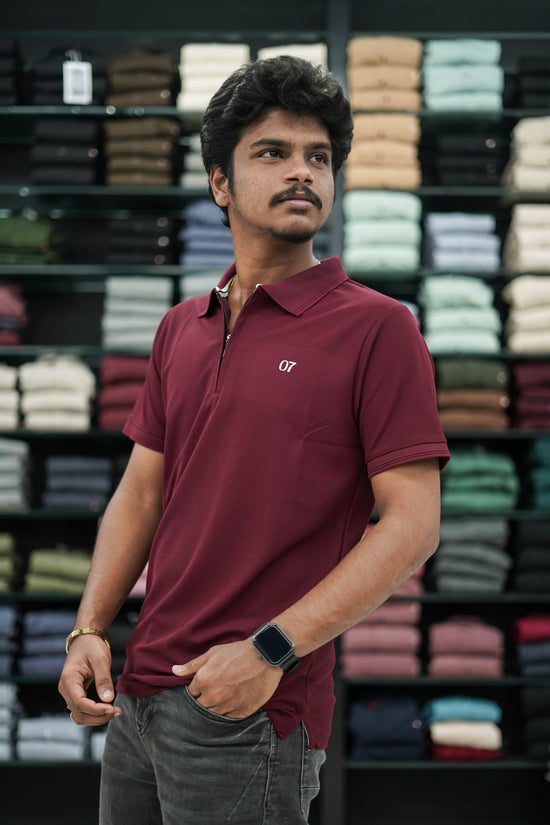 Short Sleeve Collar Neck Zipper 07 Mens Tshirt - Maroon