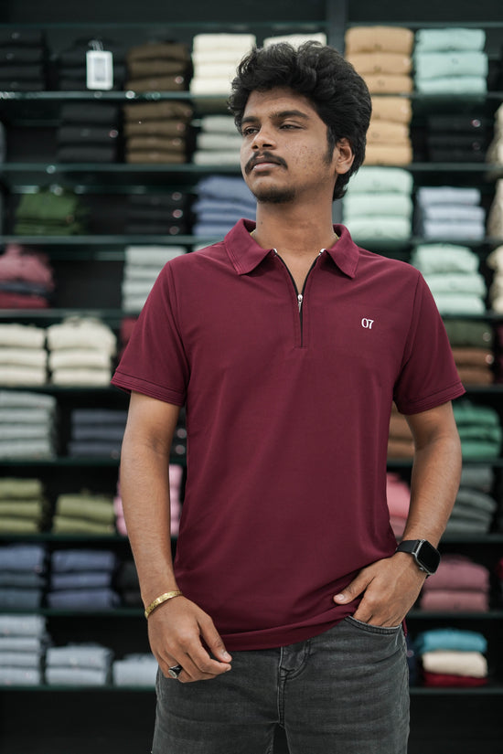 Short Sleeve Collar Neck Zipper 07 Mens Tshirt - Maroon