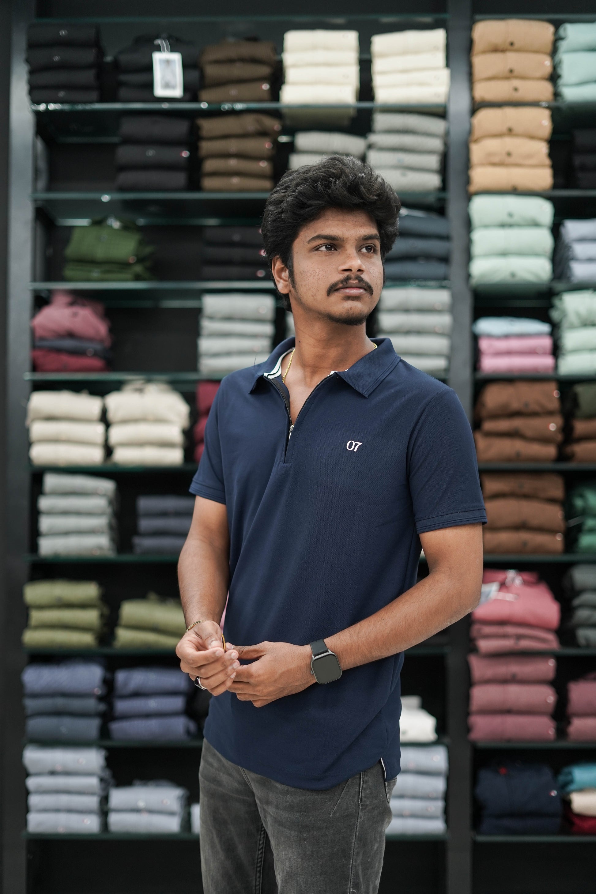 Short Sleeve Collar Neck Zipper 07 Mens Tshirt - Navy Blue