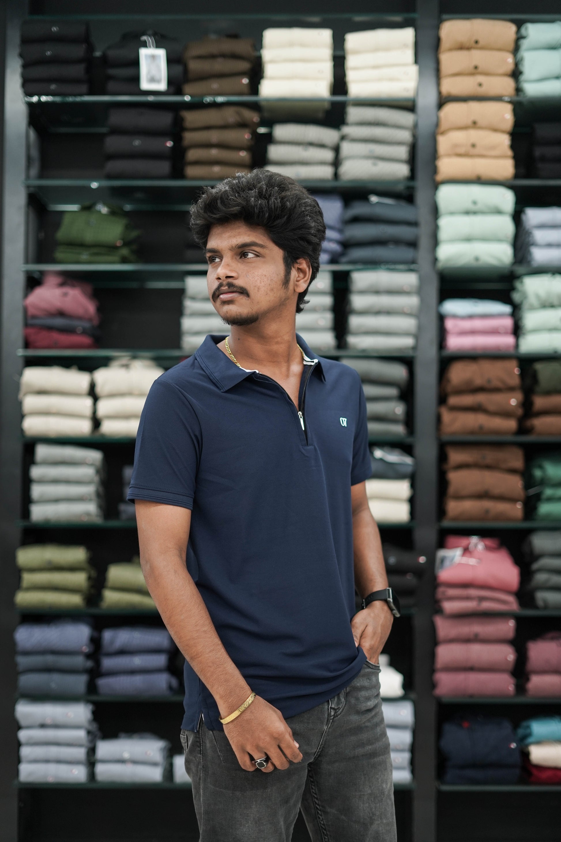 Short Sleeve Collar Neck Zipper 07 Mens Tshirt - Navy Blue
