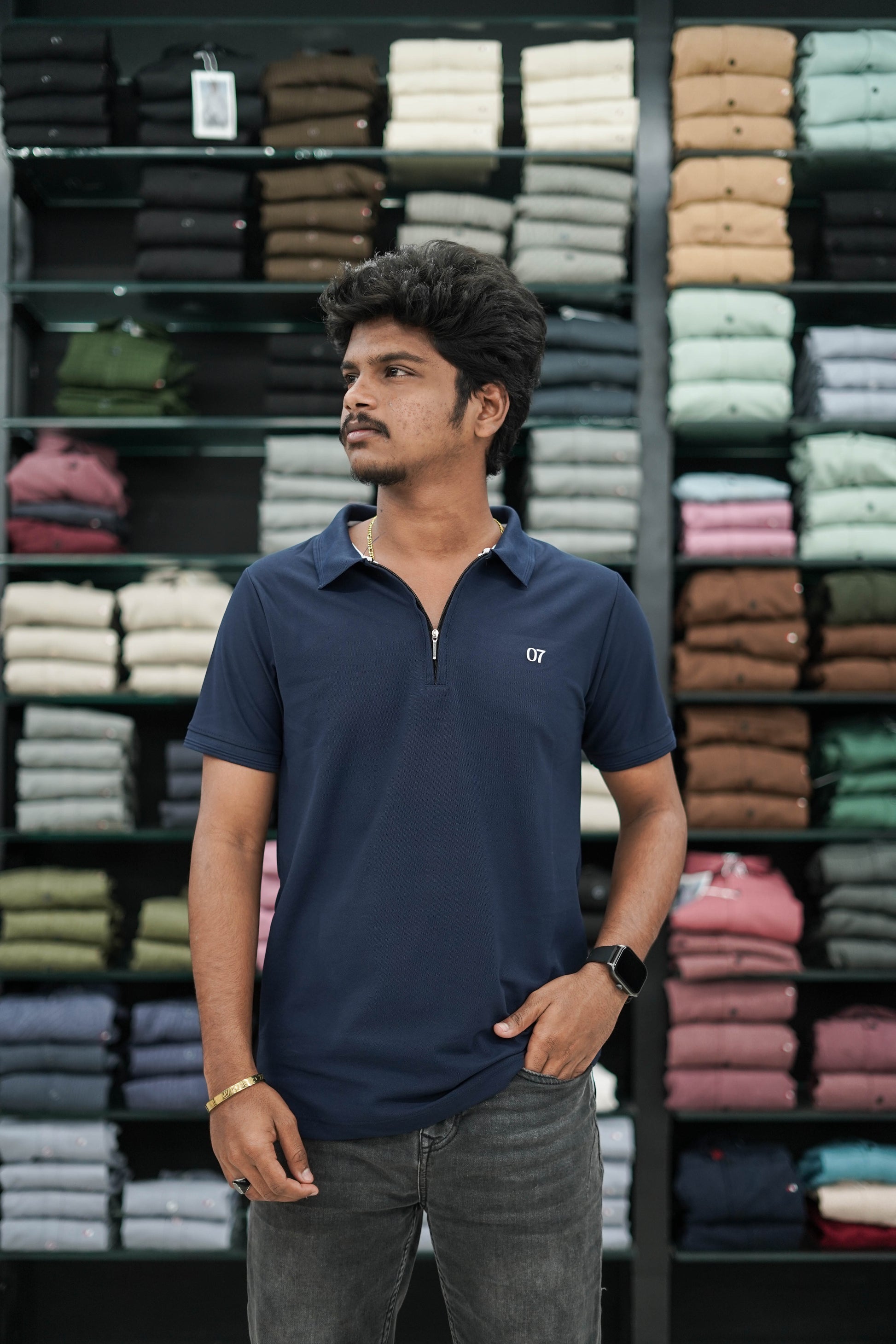 Short Sleeve Collar Neck Zipper 07 Mens Tshirt - Navy Blue