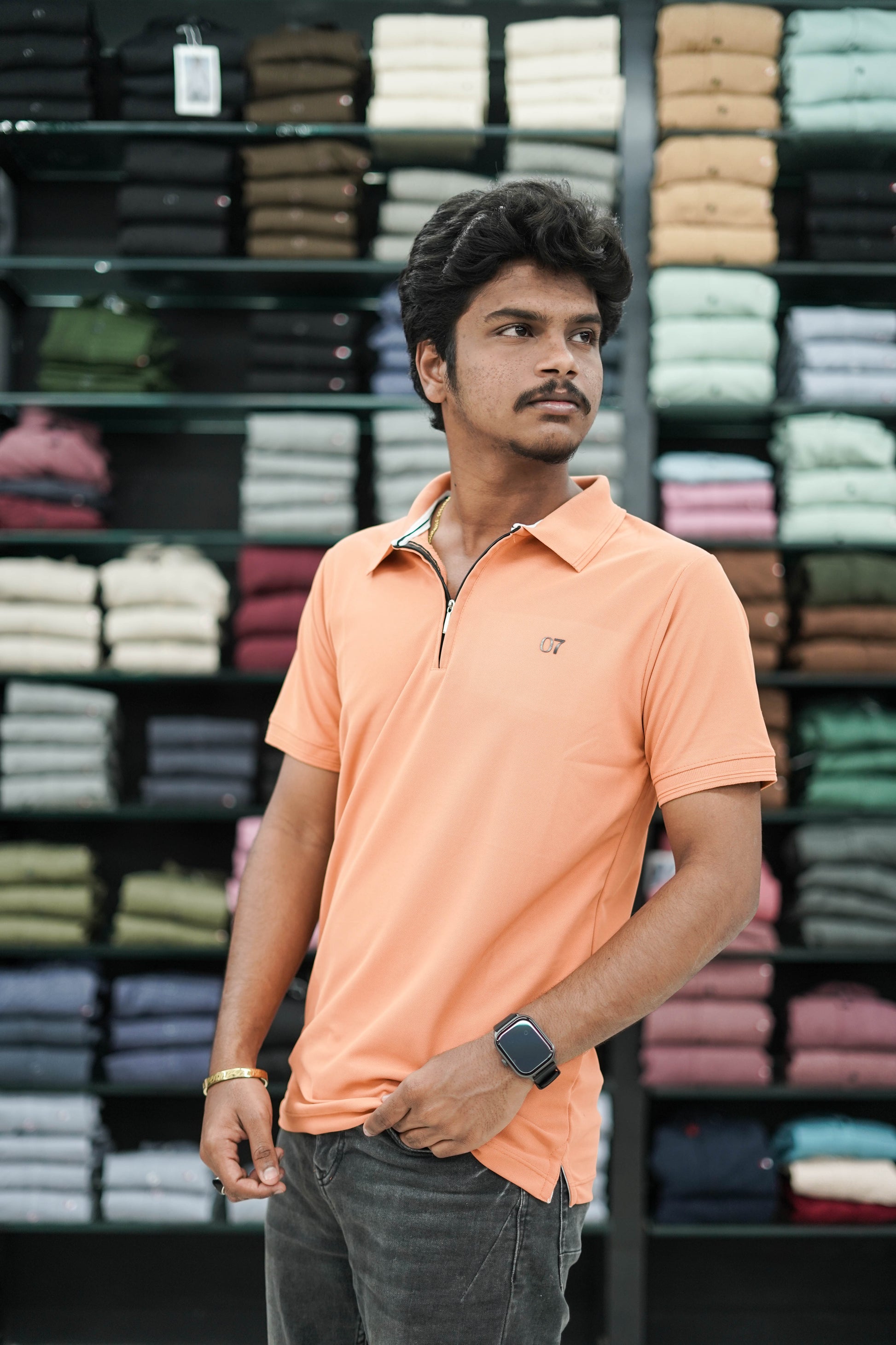 Short Sleeve Collar Neck Zipper 07 Mens Tshirt - Orange