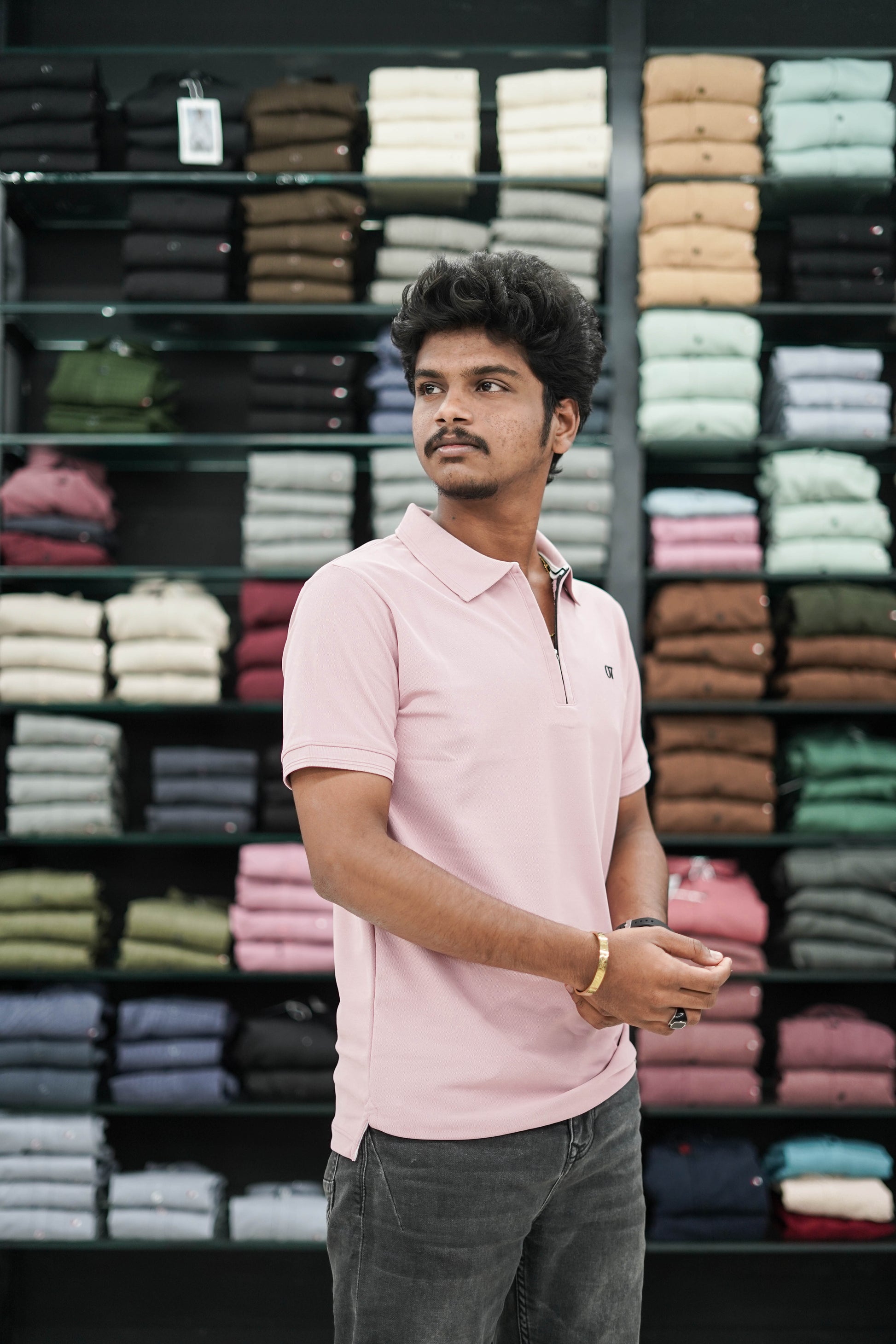 Short Sleeve Collar Neck Zipper 07 Mens Tshirt - Pink