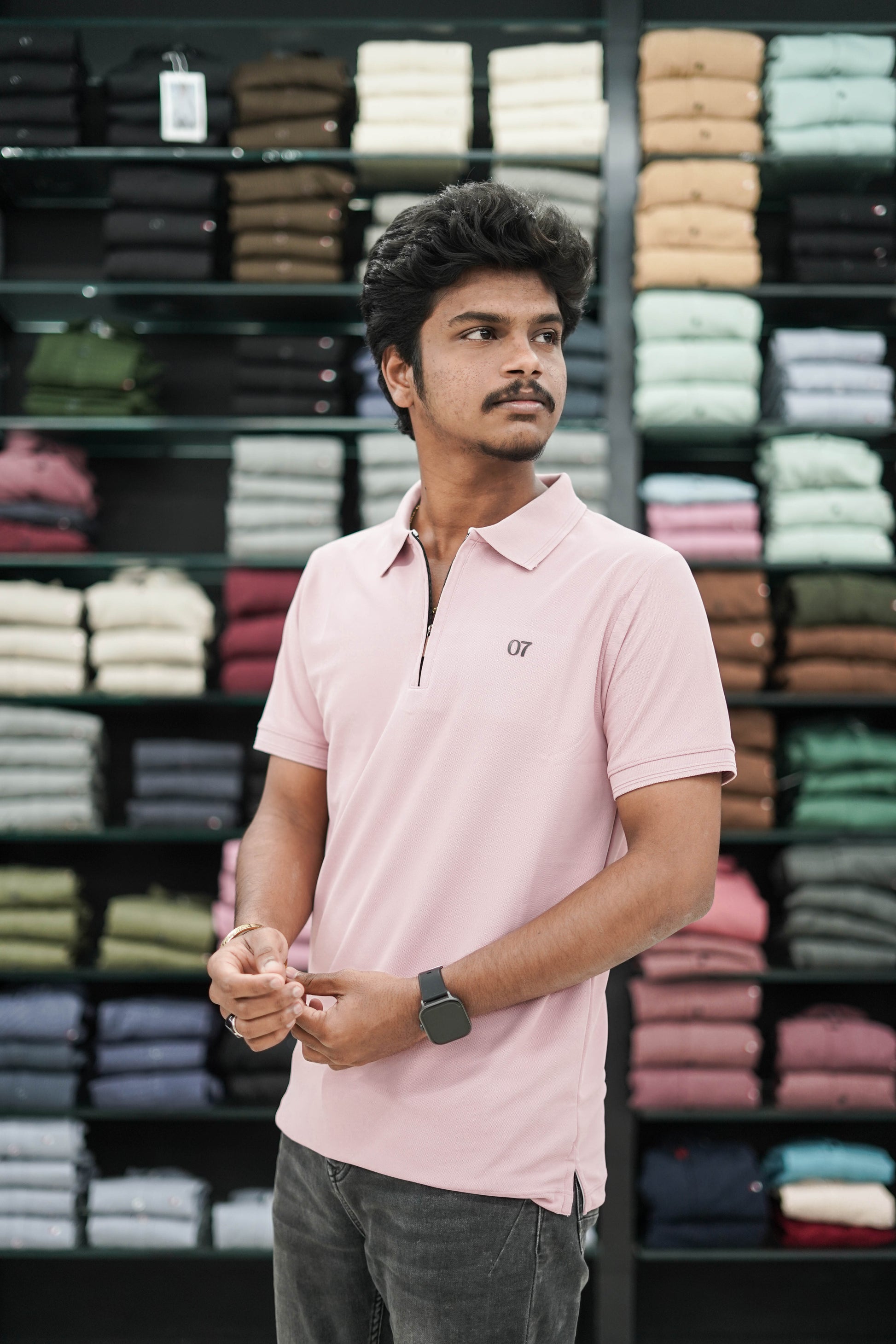 Short Sleeve Collar Neck Zipper 07 Mens Tshirt - Pink