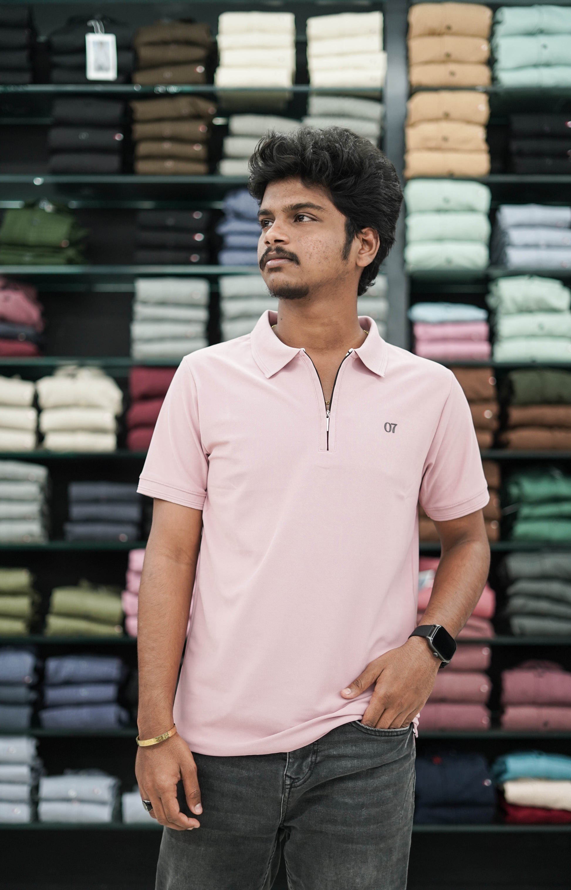 Short Sleeve Collar Neck Zipper 07 Mens Tshirt - Pink