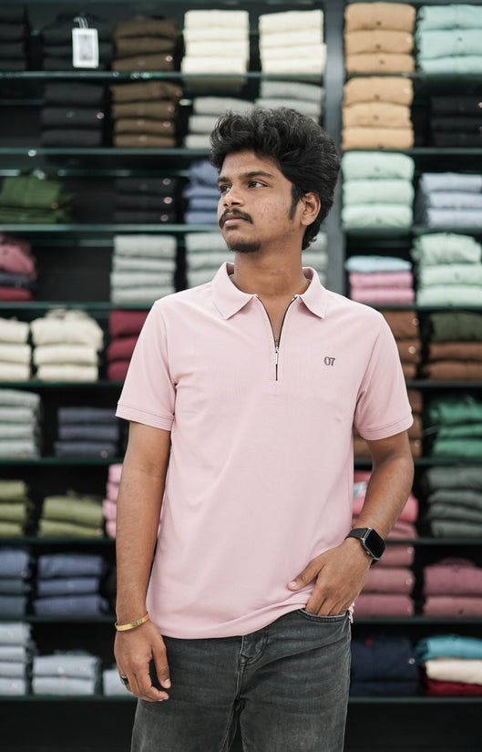 Short Sleeve Collar Neck Zipper 07 Mens Tshirt - Pink