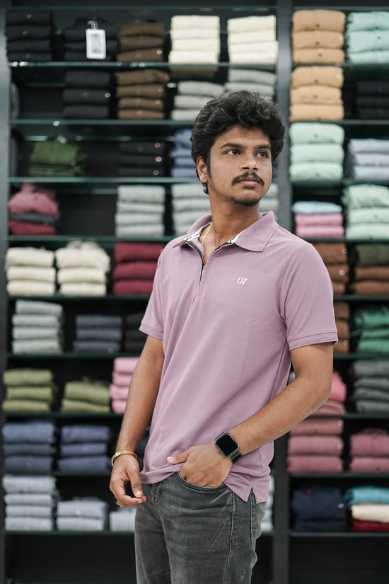 Short Sleeve Collar Neck Zipper 07 Mens Tshirt - Purple