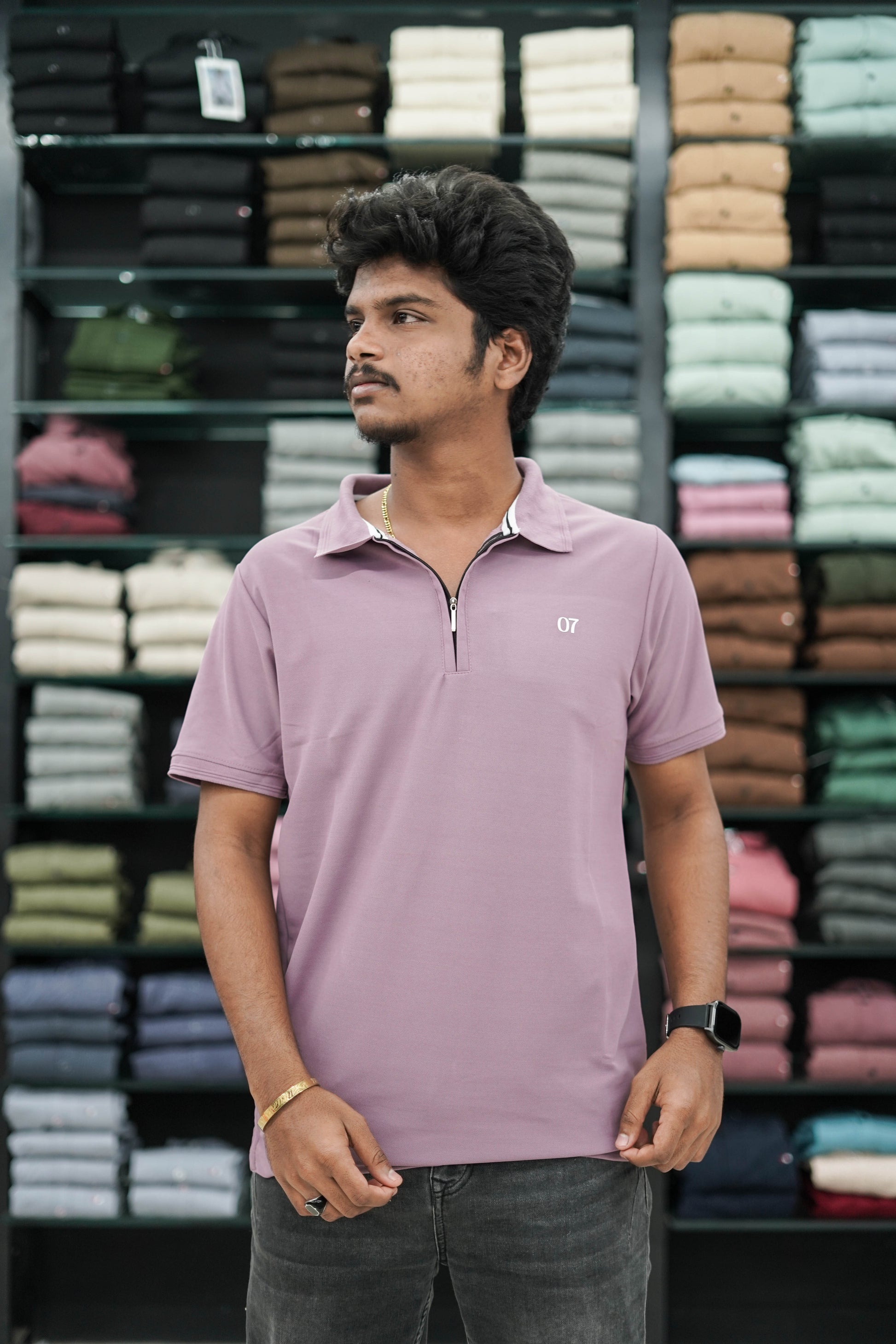 Short Sleeve Collar Neck Zipper 07 Mens Tshirt - Purple