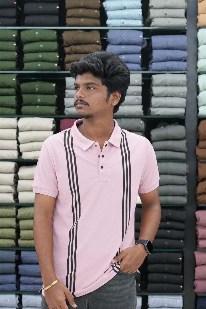 Striped Collar Half Sleeve Mens Tshirt - Pink